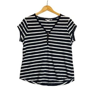 Chicos Blue White Striped Boxy Top Popover V-Neck Buttons Short Sleeve‎ Jersey M